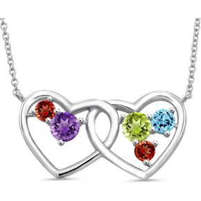 Gem Stone King 925 Sterling Silver Customized and Personalized 5 Round Gemstone Birthstone Double Heart Pendant Necklace Birthday Mother's Day Jewelry Gift for Mom Women with Silver Chain