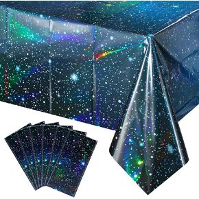 6Pcs Iridescent Space Tablecloths, Disposable Plastic Purple Galaxy Table Cloth Rectangle Table Covers for Space Starry Night Star Theme Party Birthday Party Decorations, 54x108 Inch
