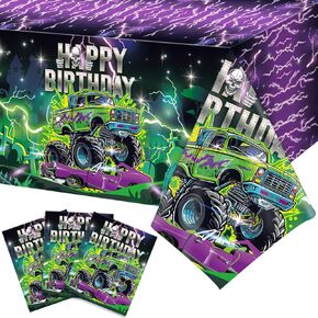 3 Pcs Monster Party Tablecloth Happy Birthday Truck Table Cloth 54 x 108 Inch Plastic Disposable Truck Theme Tablecover for Boys Rectangle Round Desk Truck Theme Birthday Party Supplies
