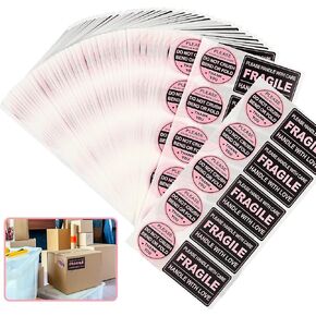 300 PCS Fragile Stickers(Rectangular,3x2),with 300 PCS Do Not Crush Bend or Fold Labels Stickers(Round,2"),Adhesive Warning Labels for Shipping Cartons Envelops Mailing(Black Pink)