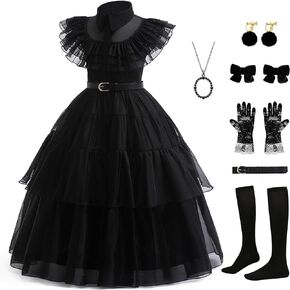 Black Dress Up Costume for Girls Birthday Party Halloween Cosplay Outfit with Accessories 3-12Y
