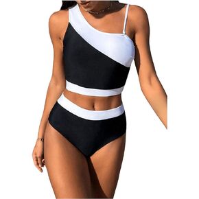 Milumia Women's 2 Piece Color Block Tankini One Shoulder Cutout High Waisted Bathing Suits