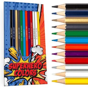 Superhero Colors Colored Pencil Set for Fans of Comics | Set of 12 Superhero-Inspired Parody Pencils | Each Color Pencil is Foil-Stamped with Clever References | Great Gift for Fans