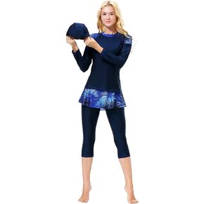 IKADEX 3pcs Rash Guard for Women Modest Swimwear Muslim Swimsuit Swim Top Shirt Pants Shorts Cap Bathing Suit