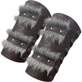 HiiFeuer Nordic Viking Barbarian Arm Guards, Medieval Artificial Fur Gauntlets, Vintage Faux Leather Bracers for LARP