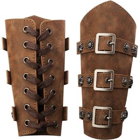 Leather Arm Bracer Gauntlet Wristband Renaissance Buckle Arm Guard for Men & Women Medieval Brown Wrist Cuffs Ideal for Halloween Cosplay, Theme Party, One Size One Pair