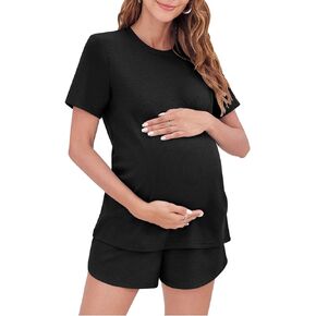 Onedreamer Waffle Knit Maternity Pajamas Sets 2 Piece Lounge Outfits Short Sleeve Shirts and Shorts Pregnancy Loungewear