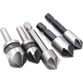 5pc 5 Flutes HSS Industrial Countersink Drill Bit Set Quick Change Bit 1/4 in Hex Shank Chamfer Chamfering Cutter tool Center Punch Tool Sets for Wood Metal Working
