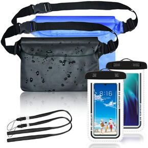SITAKE 4 Pcs Waterproof Pouch Bags Set, Including 2 Waterproof Waist Pouch with adjustable waist strap, 2 Waterproof Phone Cases for kayaking, Swimming,travel (Black+Blue)