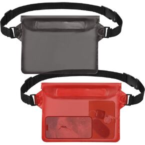 2-Pack Waterproof Pouch with Adjustable Waist Strap, Waterproof Dry Bag, Keeps Cell Phones and Valuables Safe and Dry, Perfect for Kayaking, Beach, Camping and Swimming (Black + Red)