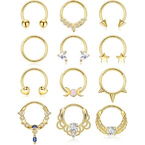 16G 12Pcs 316L Stainless Steel Septum Rings for Women Men Horseshoe Nose Ring Septum Cartilage Helix Tragus Hoop Hinged Segment Clicker Ring Cute Star Heart Daith Conch Piercing Jewelry