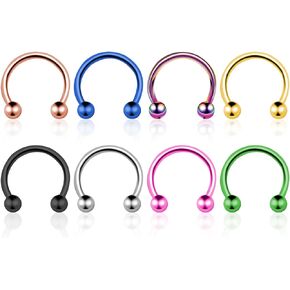 8PCS G23 Titanium Horseshoe Septum Rings, 16G Nose Rings, Ball Horseshoe Circular Barbell Septum Jewelry Set for Women Men 6mm-12mm Gold/Silver/Black/Rose Gold/Rainbow/Pink/Blue/Green