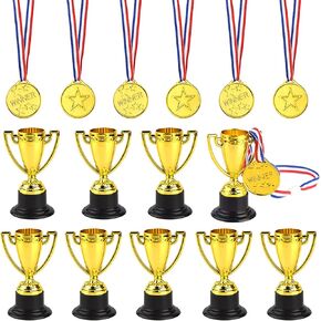 FEPITO 30 Pcs Trophies Medals Set 10Pcs Gold Plastic Trophy Cup and 20Pcs Winner Medals for Kid Party Sports Awards