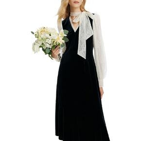 Black Dress for Women Formal Silk or Lace Long Sleeves V Neck Velvet Dresses