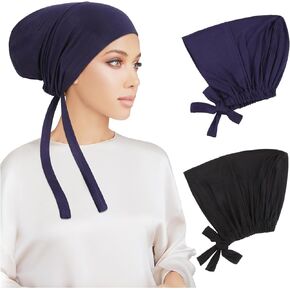 PHOGARY 2 Pcs Women Hijab Undercap, Islamic Muslim Under Hijab Cap Inner Under Scarf Hat Hijab Cap with Tie Back Closure Solid Color Underscarf Hijab Cap Turban Head Wraps for Women Chemo Sleep Cap, A