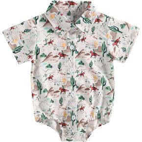 Gueuusu Western Baby Boy Clothes Cow Print Romper Short Sleeve Button Up Dress Shirt Bodysuit Country Cowboy Clothes