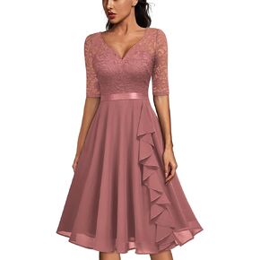 MISSMAY Women's V-Neck Floral Lace Elegant Style Half Sleeve Bridesmaid Party Dress
