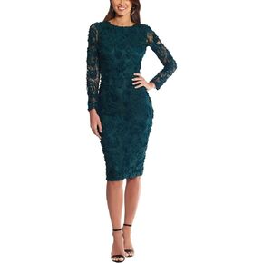 Xscape Women's Long Sleeve Raised Floral Lace Midi Length Dress (Reg and Petite)