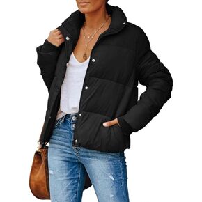 سترة Gihuo النسائية المنتفخة كبيرة الحجم للشتاء الدافئ بسحاب مبطن وياقة واقفة وسترات مبطنة مع جيوب (أسود-L) in Kuwait