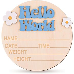 Wooden Baby Announcement Sign, 5.91 Inch Cute Hello World Newborn Sign with Flower Decor, New Baby Plaque Birth Announcement Sign for Hospital New Parents Baby Shower