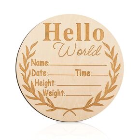 Wooden Baby Announcement Sign, 5.9 inch Hello World Newborn Sign Newborn Sign Board Newborn Announcement Sign New Baby Sign for Hospital Nursery Photo Prop (Round)