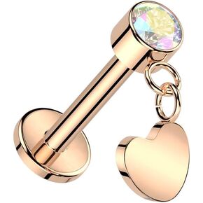 Pierced Owl 18GA ASTM F-136 Implant Grade Titanium Threadless Push-In CZ Crystal with Dangling Heart Flat Back Stud