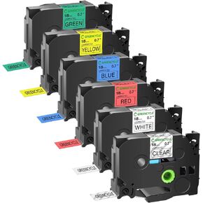 GREENCYCLE Compatible for Brother P-Touch TZ TZe Label Tape 18mm 0.7" 3/4-Inch White on Clear/Black/Red/Blue/Green, Black on Gold for PT-P710BT PTD400 PTD400AD PTD600 PT-P700 Label Maker-6 Pack