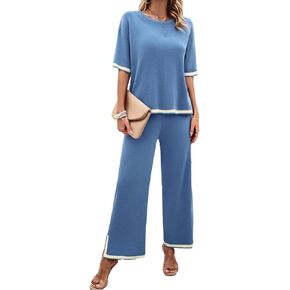 Womens 2 Piece Outfits Summer Sweater Sets Short Sleeve Knit Pullover Tops Wide Leg Pants Lounge Sets Tracksuits