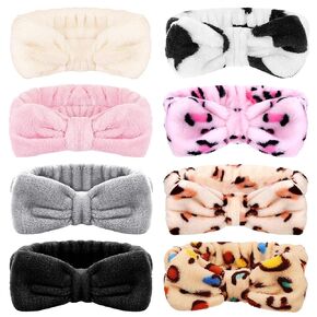 8 Pcs Face Wash Headband, Spa Makeup Headband, Fluffy Bow Facial Headband, Soft Microfiber Skin Care Head Wrap, Shower Bathing Yoga Hair Band for Women - Multicolor