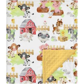 Farm Animals Barn Minky Baby Blanket Dotted Backing Boy Girl Gift, Yellow Cow Chicken Pig Sheep Double Layer Flannel Nursery Bed Blankets, Soft Plush Newborn Infant Toddler Kids Crib Bedding 30 x 40