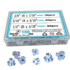 T Nuts 1/4"-20,5/16"-18, 3/8"-16,SpzcdZa 150pcs Zinc Plated Steel T-Nut 4 Pronged Tee Blind Nuts Assortment Kit for Wood, Rock Climbing Holds,Furniture,etc.