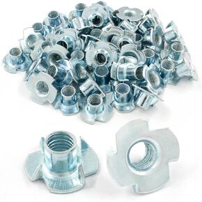 60 Pack T Nuts, 4 Pronged Zinc Plated Steel Threaded T-Nut Assortment Kit (1/4"-20 5/16"-20 3/8"-20) for Woodworking, Cabinetry, Furniture