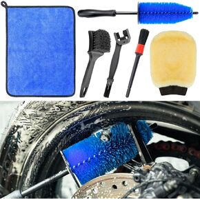 Motorcycle Cleaning Kit 6 Pack with Easy Reach Brush,Tire Brush,Wool Wash Mitt,Chain Brush,Detailing Brush and Microfiber Towel for Cleaning Motorcycle Mudguard,Rims,Exhaust,Frame