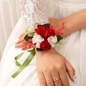CASDRE Bride Wedding Wrist Corsage Bridal Hand Flower with Ribbon Corsage Wristlet Wedding Accessories for Women and Girls (Red)
