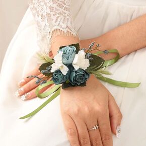 CASDRE Bride Wedding Wrist Corsage Bridal Hand Flower with Ribbon Corsage Wristlet Wedding Accessories for Women and Girls (Blue)