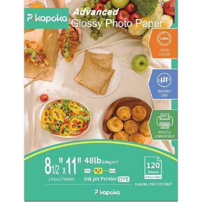 Glossy Photo Paper 8.5x11, US Letter Size, for Inkjet Printer, 120 Sheets, 180 gsm, 48lb(P8511YE120GP)
