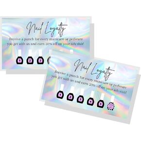 Manicure & Pedicure Loyalty Discount Card | 50 Pack | Physical Printed 2x3.5" inch Business Card Size | Nail Salon Loyalty | Holographic Look Rainbow Background