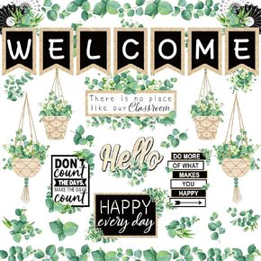 Whaline 29 Pieces Eucalyptus Bulletin Board Set Welcome Banner Simply Boho Bulletin Board Decor Boho Greenery Calendar Cutout Decorations for Back to School Classroom Teacher Supply