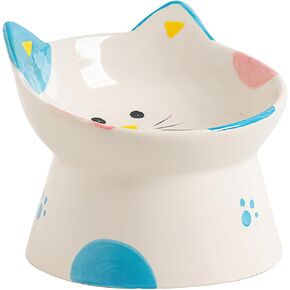 Cute Ceramic Raised Cat Bowls Elevated Design, 15° Tilted FeederProtect Cat's Spine Anti Vomiting Blow for Flat Faced Cats, Kitten Small Dogs,Raise Tilted Cat Food Bowld Pet Dishes(Blue)