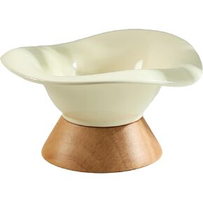 Tronssien Flower Shaped Bowl for Pets, Elevated Wooden Seated Ceramic Cat Bowl, 6.2 inches Food & Water Bowls with Velcro, Raised Circular Design for Puppy and Cats, Warm Yellow (Color) in Kuwait