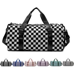 Checkered Gym Bag with Shoes Compartment & Wet Pocket, Sports Duffel Bags for Women/Men, Dance Bag for Girls, Travel Overnight Bag Weekend Bag (black)