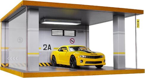 Display Case Car Acrylic Cover 1/24 Scale Parking Garage Wooden Diecast Car Show Case 2 Parking Spaces Yellow and White in Kuwait