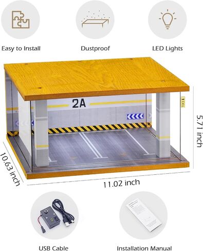 Display Case Car Acrylic Cover 1/24 Scale Parking Garage Wooden Diecast Car Show Case 2 Parking Spaces Yellow and White in Kuwait