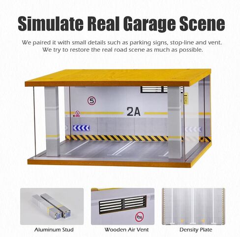 Display Case Car Acrylic Cover 1/24 Scale Parking Garage Wooden Diecast Car Show Case 2 Parking Spaces Yellow and White in Kuwait