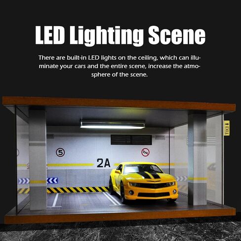 Display Case Car Acrylic Cover 1/24 Scale Parking Garage Wooden Diecast Car Show Case 2 Parking Spaces Yellow and White in Kuwait