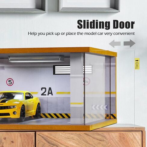 Display Case Car Acrylic Cover 1/24 Scale Parking Garage Wooden Diecast Car Show Case 2 Parking Spaces Yellow and White in Kuwait