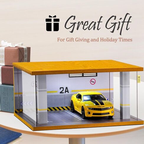Display Case Car Acrylic Cover 1/24 Scale Parking Garage Wooden Diecast Car Show Case 2 Parking Spaces Yellow and White in Kuwait