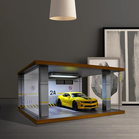 Display Case Car Acrylic Cover 1/24 Scale Parking Garage Wooden Diecast Car Show Case 2 Parking Spaces Yellow and White in Kuwait