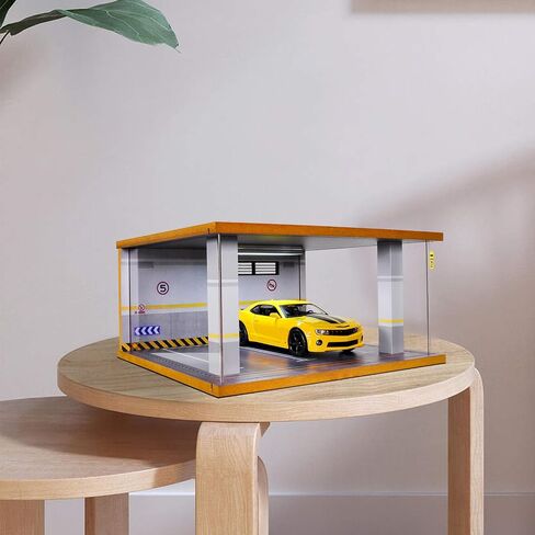 Display Case Car Acrylic Cover 1/24 Scale Parking Garage Wooden Diecast Car Show Case 2 Parking Spaces Yellow and White in Kuwait
