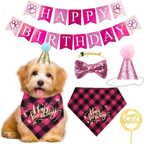 Dog Birthday Bandana Set Boy Girl, Cute Dog Bow Tie Scarf Crown Hat Happy Birthday Banner for Dogs Birthday Party Supplies Decorations for Small Medium Pet Dog Puppy in Saudi Arabia